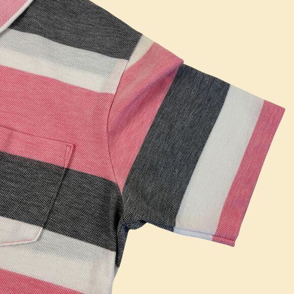 90s L pink polo shirt by Penguin Club, vintage pink & grey striped mens top - Picture 8 of 10